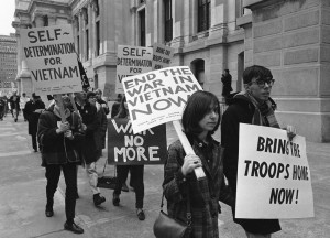 Seen here are pickets demonstrating against the Vietnam War as they march through downtown Philadelphia, Pa, March, 26 1966. (AP Photo/Bill Ingraham)